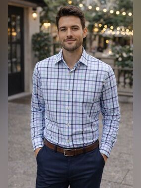 Mizzen+Main Leeward Performance Button-Down Shirt Blue Plaid Men’s M Trim